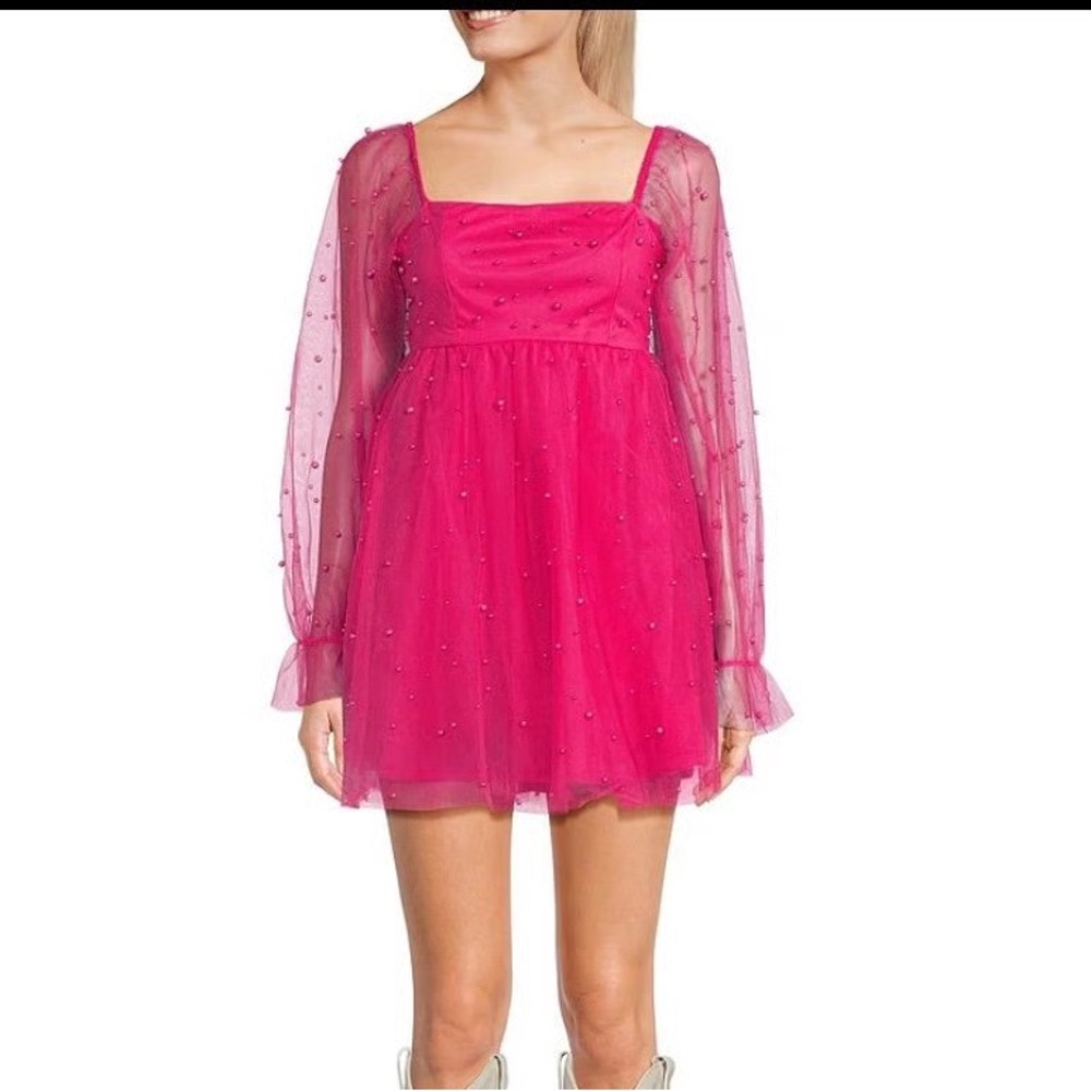 Pink Tulle and Pink Pear Mini Dress with Sheer Puff Sleeves
